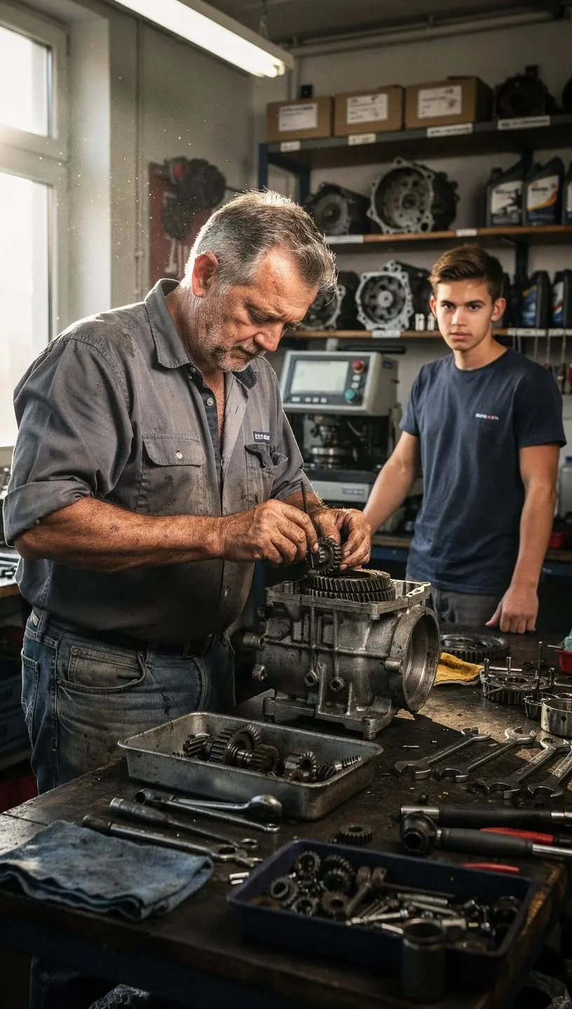 Techniker ersetzt ein defektes Schaltgetriebe in einer spezialisierten Reparaturwerkstatt.